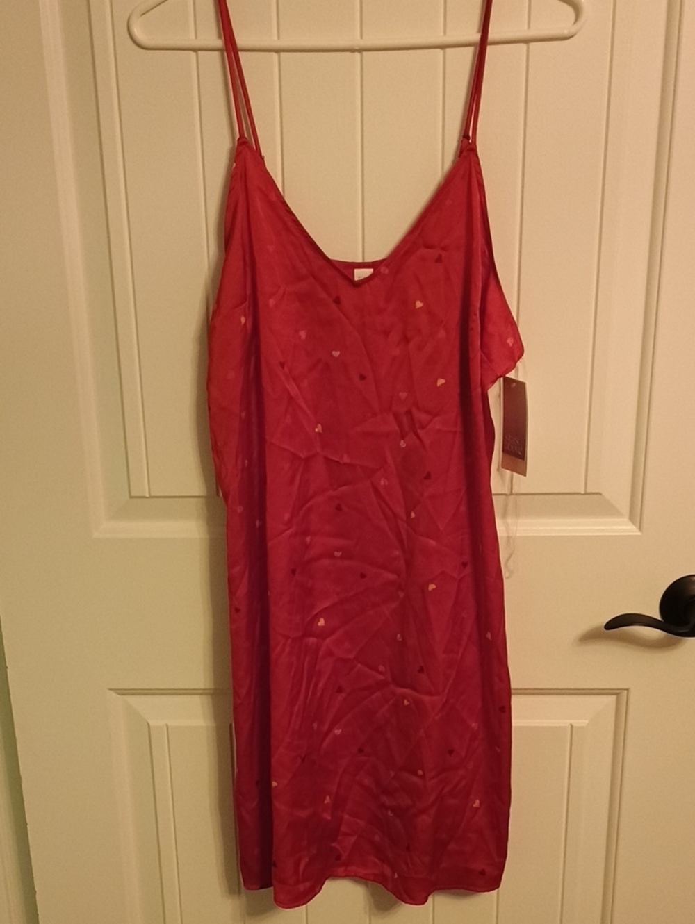 NWT Woman's M Red Satin Slip Dress with Heart Print